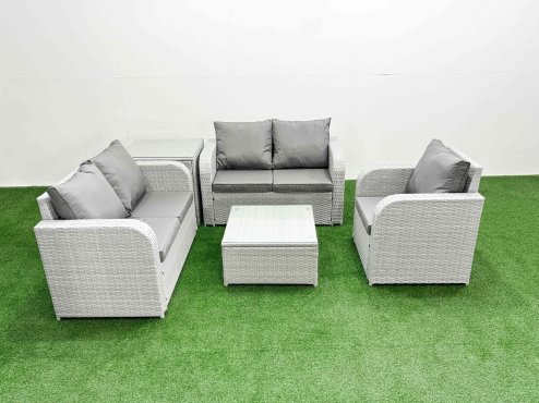 Fimous High Back Poly Rattan Garden Furniture Set with Reclining Chair Loveseat Sofa Square Coffee Table Indoor Outdoor Patio Set Side Table Light Grey