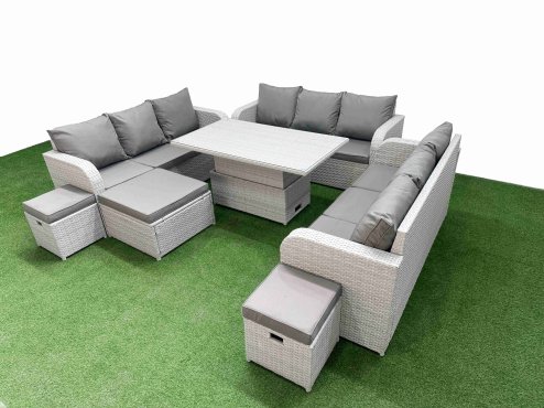 Fimous PE Rattan Lounge Sofa Set 12 Seater Outdoor Garden Furniture Set with Adjustable Lifting Dining or Coffee Table 3 Seater Sofa 3 Stools Light Grey