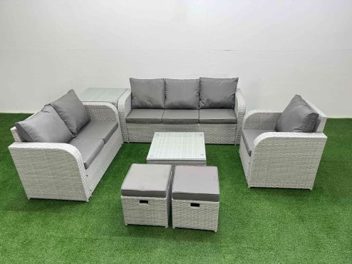 Fimous Patio PE Wicker 8 Seater Outdoor Rattan Furniture Sofa Sets with Square Coffee Table Reclining Chair Loveseat Sofa 3 Seater Sofa Stool Side Table Light Grey Image