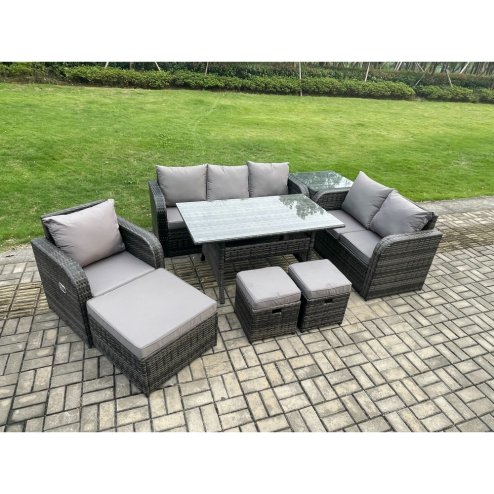 Fimous 8 Piece Rattan Garden Furniture Set with Patio Sofa Rectangular Dining Table Side Table 3 Small Footstools Indoor Conservatory Patio Set
