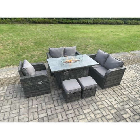 Fimous Rattan Garden Furniture Set with Gas Fire Pit Dining Table,Reclining Chair 2 Small Footstools Indoor Outdoor 6 piece Loveseat Sofa set