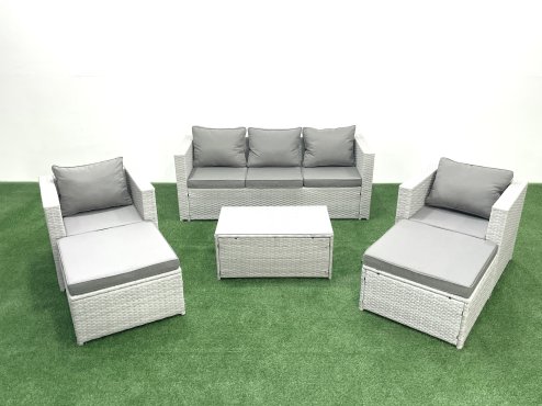 Fimous 7 Seater Rattan Garden Furniture Set with 3 Seater Sofa 2 Chair Rectangular Coffee Table 2 Big Footstools Light Grey Mixed