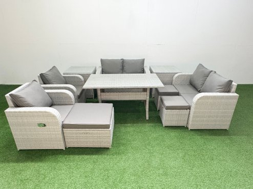 Fimous 9 Seater Outdoor Reclining Chair Love Sofa Set Rattan Garden Furniture Set with Rectangular Dining Table 3 Stools 2 Side Table Light Grey