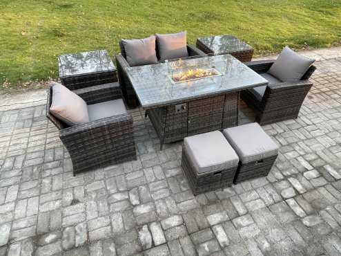 Fimous Outdoor Garden Dining Sets 6 Seater Rattan Patio Furniture Sofa Set with Gas Firepit Table 2 Small Footstools 2 Side Tables Dark Grey Mixed