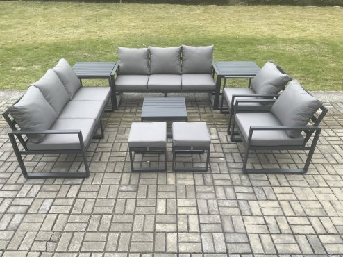 Fimous Aluminium Patio Outdoor Garden Furniture Lounge Sofa Set with Square Coffee Table 2 Chairs 2 Side Tables 2 Small Footstool Dark Grey