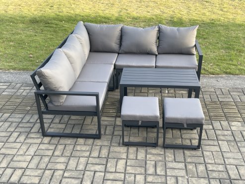 Fimous Aluminium Outdoor Garden Furniture Set Lounge Sofa Oblong Coffee Table Sets with 2 Small Footstools Indoor Conservatory Set Dark Grey