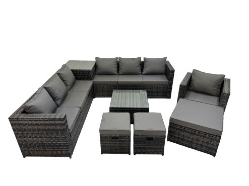 Fimous 10 Seater Garden Outdoor Rattan Furniture Set Patio Corner Sofa Coffee Table with Side Table 3 Stool Dark Grey