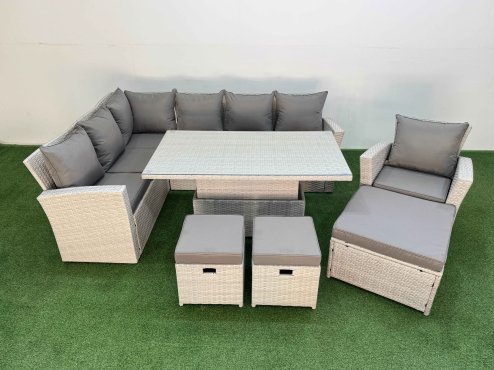 Fimous 10 Seat Rattan Outdoor Garden Furniture Corner Sofa Set Adjustable Lifting Dining or Coffee Table Set with 3 Footstools Light Grey