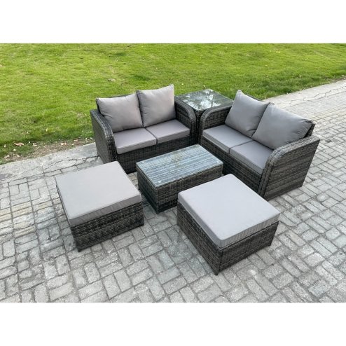 Fimous 6 Seater Garden Furniture Set Rattan Outdoor Lounge Sofa Chair With Tempered Glass Table 32 Big Footstools Side Table Dark Grey Mixed