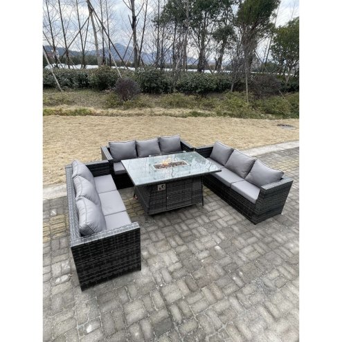 Fimous 9 Seater?U Shape Outdoor Lounge Rattan Sofa Set Garden Furniture Gas Firepit Set Dining Table Dark Grey Mixed