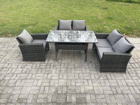 Fimous 5 Seater Wicker Rattan Garden Dining Set Outdoor Furniture Sofa with Dining Table Double Seat Sofa Dark Grey Mixed