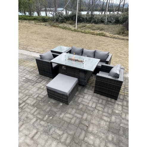 Fimous Outdoor PE Rattan Garden Furniture Gas Fire Pit Dining Table Armchairs With High Side Coffee Table Big Footstool Dark Grey Mixed