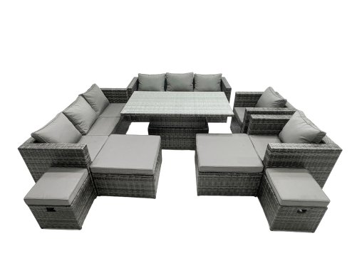 Fimous Rattan Dining Table Sofa Set with 2 Armchair 4 Stools Outdoor 12 Seat Garden Furniture Set Dark Grey Mixed