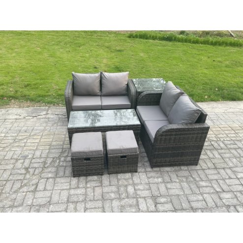 Fimous High Back Rattan Garden Furniture Set with Loveseat Sofa Rectangular Coffee Table 2 Small Footstools Side Table Indoor Outdoor Patio Lounge Sofa Set Dark Grey Mixed
