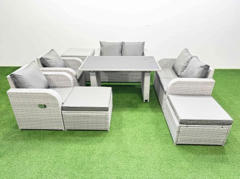 Fimous 8 Pieces Outdoor PE Rattan Sofa Reclining Chair Set Patio Garden Furniture Sets with Cushions Side Table 2 Big Stools Light Grey
