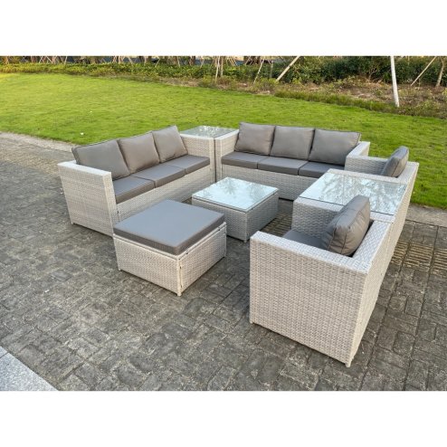 Fimous Light Grey Outdoor PE Rattan Garden Furniture Set Wicker Sofa Set Square Coffee Table 2 Armchair 2 Side Table 9 Seat