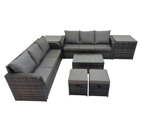 Fimous Outdoor 3 Seater Sofa Coffee Table Set Garden Rattan Furniture Set 8 Seater with 2 Small Stools 2 Side Tables Dark Grey