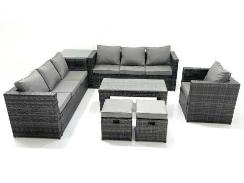 Fimous Rattan Garden Furniture Set Outdoor 9 Seater Patio Conversation Sets with Glass Top Coffee Table Stool Side Table