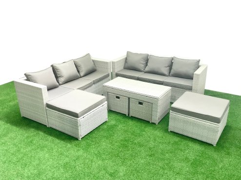 Fimous Rattan Garden Furniture Set Outdoor Lounger Sofa with Coffee Table 4 Footstools Light Grey Mixed 10 Seater