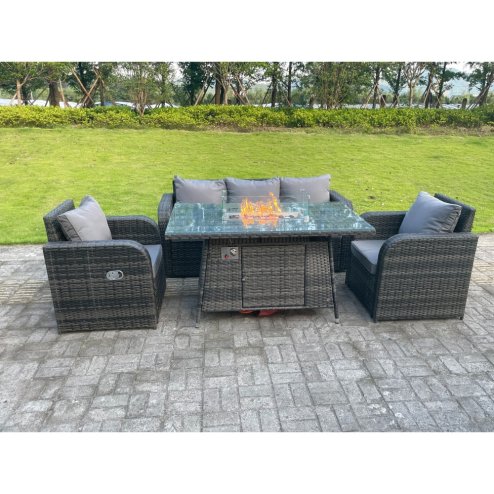 Fimous Dark Mixed Grey Rattan Outdoor Garden Furniture Gas Fire Pit Table Gas Heater Sets Lounge Sofa Reclining Adjustable Chairs 5 Seater