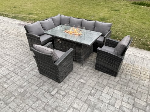 Fimous Rattan Garden Furniture High Back Corner Sofa Gas Fire Pit Dining Table Sets Gas Heater with 2 Armchairs 8 Seater Dark Grey Mixed