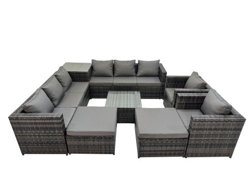 Fimous 10 Seater Garden Outdoor Rattan Furniture Set Patio Corner Sofa Coffee Table with Side Table 2 Big Stool Dark Grey