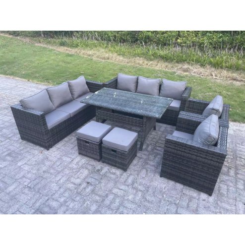 Fimous Outdoor Lounge Sofa Garden Furniture Set Patio Rattan Rectangular Dining Table with 2 Armchair 2 Small Footstools 10 Seater Dark Grey Mixed