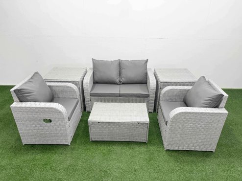 Fimous Light Grey PE Wicker Rattan Garden Furniture Set Sofa Set Reclining Adjustable Chair Rectangular Coffee Table 4 Seater With 2 Side Table