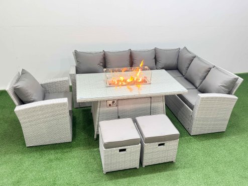 Fimous 9 Seat Rattan Garden Furniture Corner Sofa Set Outdoor Gas Fire Pit Table Set with 2 Small Footstools Light Grey