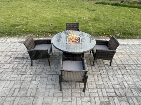 Fimous Outdoor Rattan Garden Furniture Set Gas Fire Pit Round Table Sets Gas Heater with 4 Seater Dining Cahirs Dark Grey Mixed