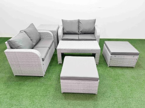 Fimous 6 Seater Outdoor Love Sofa Set Rattan Garden Furniture Set with Oblong Coffee Table 2 Footstool Side Table Light Grey