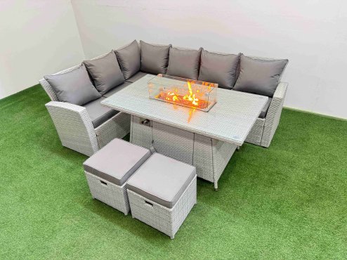 Fimous 8 Seat Rattan Garden Furniture Corner Sofa Set Outdoor Gas Fire Pit Table Sets with 2 Small Footstools Light Grey