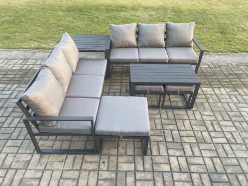 Fimous Aluminium 9 Seater Garden Furniture Outdoor Patio Sofa Set with Rectangular Coffee Table 3 Footstools Side Table Dark Grey