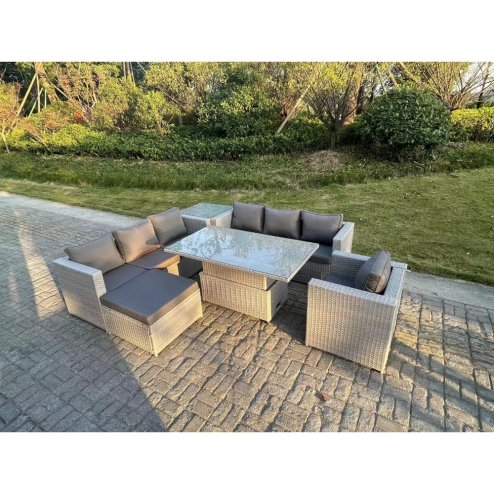 Fimous Rattan Garden Funiture Set Adjustable Rising Lifting Table Sofa Dining Set Side Coffee Tea Table Chair Footstool