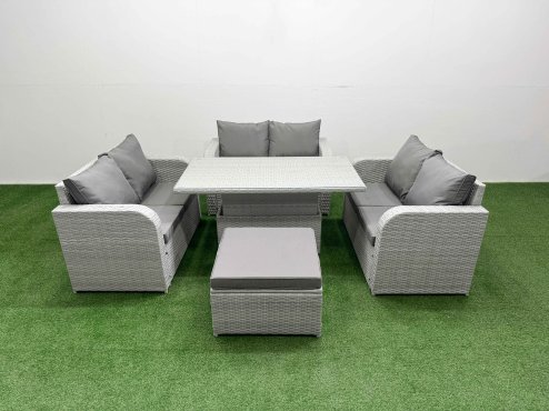 Fimous 7 Seater PE Wicker Rattan Furniture Sofa Sets with Adjustable Lifting Dining or Coffee Table 2 Seater Love Sofa Big Footstool Light Grey
