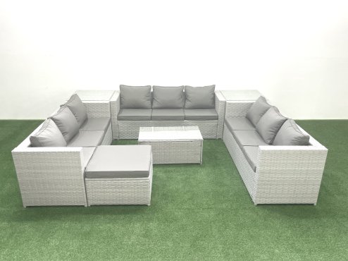 Fimous Rattan Garden Outdoor Furniture Set 10 Seater Garden Sofa Coffee Table Set with Big Footstool 2 Side Tables Light Grey Mixed