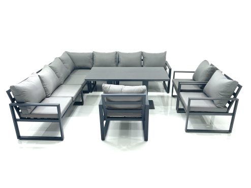 Fimous 10 Seater Outdoor Aluminum Garden Furniture Set Corner Sofa 3 Chairs Adjustable Rising Lifting Dining Table Sets Dark Grey