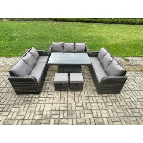 Fimous Patio Garden Dining Set Outdoor Rattan Furniture Lounge Sofa Height Adjustable Rising lifting Table With 2 Small Footstools Dark Grey Mixed