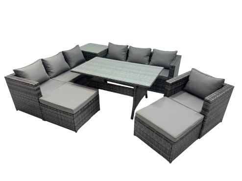 Fimous 9 Seater Outdoor Corner Sofa Chair Dining Table Set Garden Rattan Furniture Set with Side Table 2 Big Stool Dark Grey