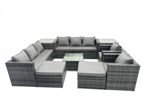 Fimous Outdoor Rattan Garden Furniture Set 10 Seater Patio Lounge Sofa Set with Armchair Square Coffee Table 2 Side Tables 2 Big Footstool Dark Grey Mixed