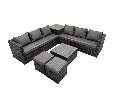 Fimous 8 Seater Garden Outdoor Rattan Furniture Set Patio Corner Sofa Coffee Table with 2 Small Stools Dark Grey
