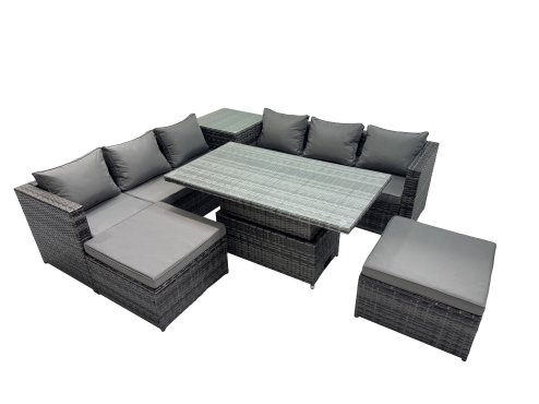 Fimous 8 Seater Outdoor Corner Sofa Height Adjustable Rising Lifting Table Set Garden Rattan Furniture Set with 2 Big Stools Side Table Dark Grey