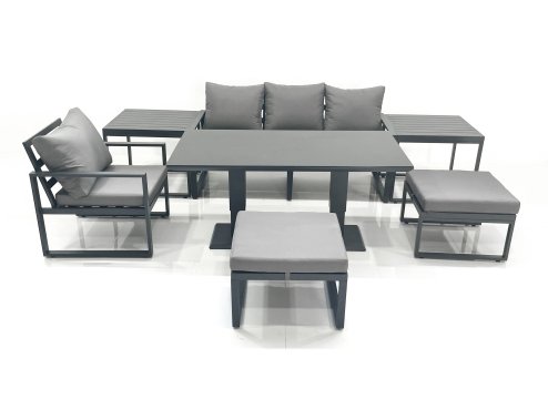 Fimous 6 Seater Garden Sofa Set Aluminium Furniture Rising Dining Tabe Set with Chair 2 Big Footstool 2 Side Tables Dark Grey
