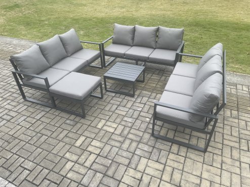 Fimous Aluminium 10 Seater Outdoor Garden Furniture Set Patio Lounge Sofa with Square Coffee Table Big Footstool Conservatory Set Dark Grey