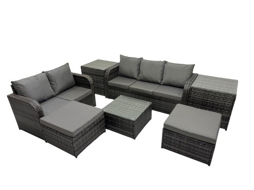 Fimous Wicker PE Rattan Garden Outdoor Furniture Set Love Sofa Square Coffee Table Set with 2 Big Stools 2 Side Tables Dark Grey Mixed