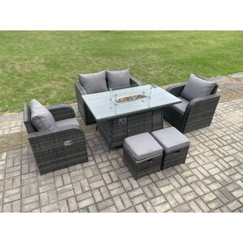 Fimous Rattan Outdoor Garden Furniture Sofa Set Gas Fire Pit Dining Table Gas Heater with Love Sofa 2 Small Footstool Dark Grey Mixed