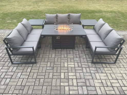 Fimous Aluminium 9 Seater Garden Furniture Outdoor Set Patio Lounge Sofa Gas Fire Pit Dining Table Set with 2 Side Tables Dark Grey