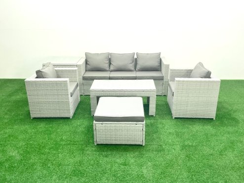 Fimous Rattan Garden Furniture Set 6 Pieces Outdoor Garden Sofa Oblong Coffee Table Set with 2 Chairs Side Tabe Stool Light Grey Mixed