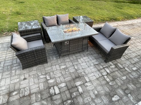 Fimous Rattan Outdoor Garden Furniture Gas Fire Pit Table Sets Gas Heater with Love Sofa Armchair 2 Side Tables 5 Seater Dark Mixed Grey