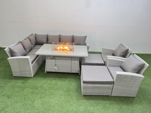 Fimous Outdoor Furniture Garden Dining Set Rattan Corner Sofa Chair Sets Gas Fire Pit Table with Temper Glass Footstools 10 Seater Light Grey Mixed